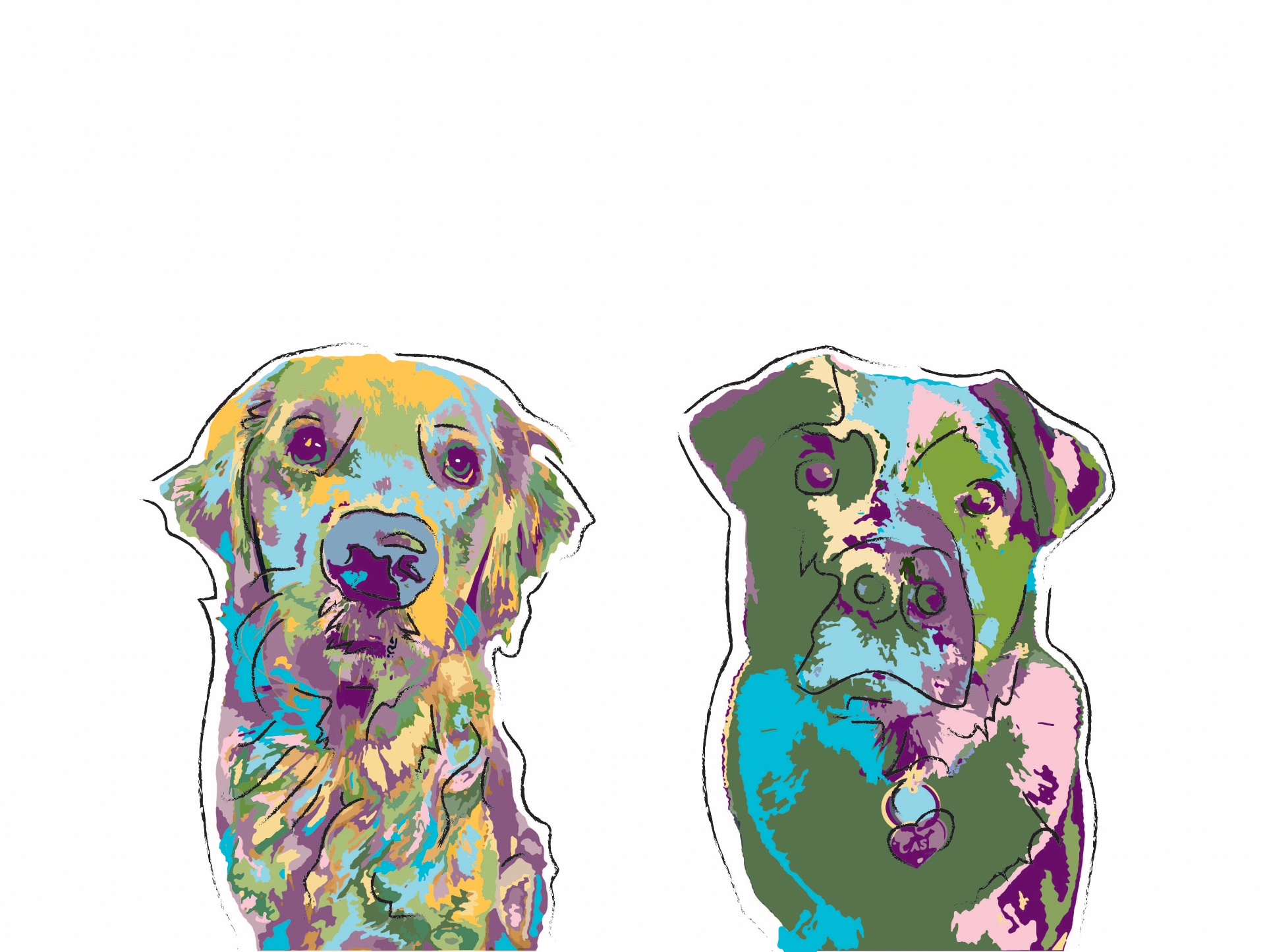 Two colorful, hand-drawn Photoshop portraits of dogs named Cash and Comet.