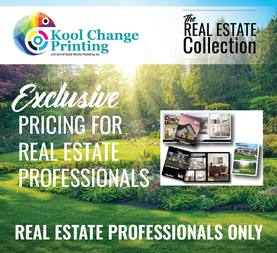 Digital ad for The Real Estate Collection with the Kool Change Printing logo and 'Exclusive Pricing for Real Estate Professionals' headline.