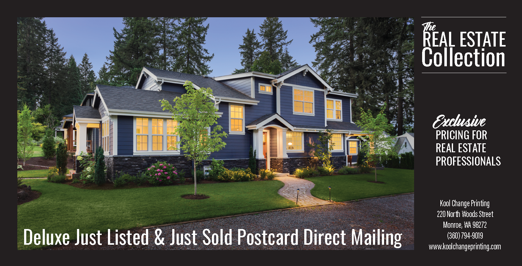 Deluxe just-listed and just-sold postcard from The Real Estate Collection featuring a large craftsman-style home.