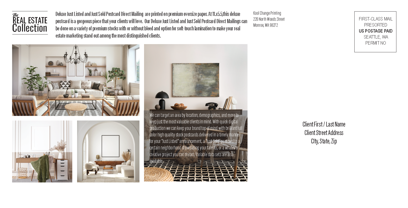 Reverse side of the Deluxe direct-mail postcard showing interior photography, campaign copy, and mailing panel.